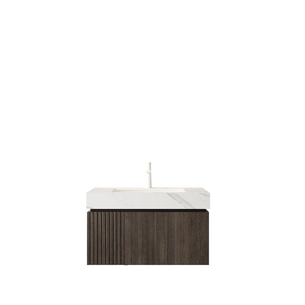 30" Brown Wood Floating Single Door Bathroom Vanity With White Ceramic Sink HomeRoots