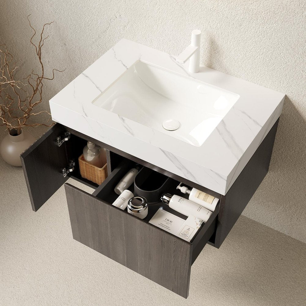 30" Brown Wood Floating Single Door Bathroom Vanity With White Ceramic Sink — view 4
