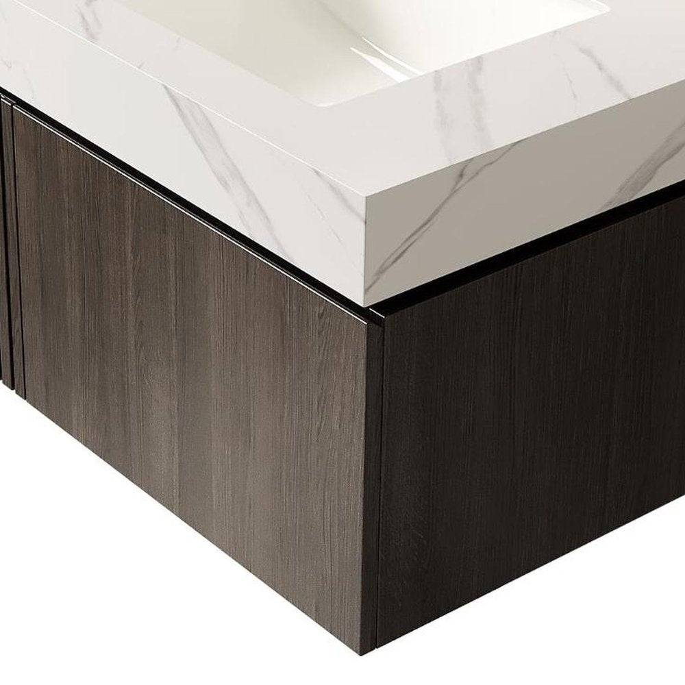 30" Brown Wood Floating Single Door Bathroom Vanity With White Ceramic Sink HomeRoots