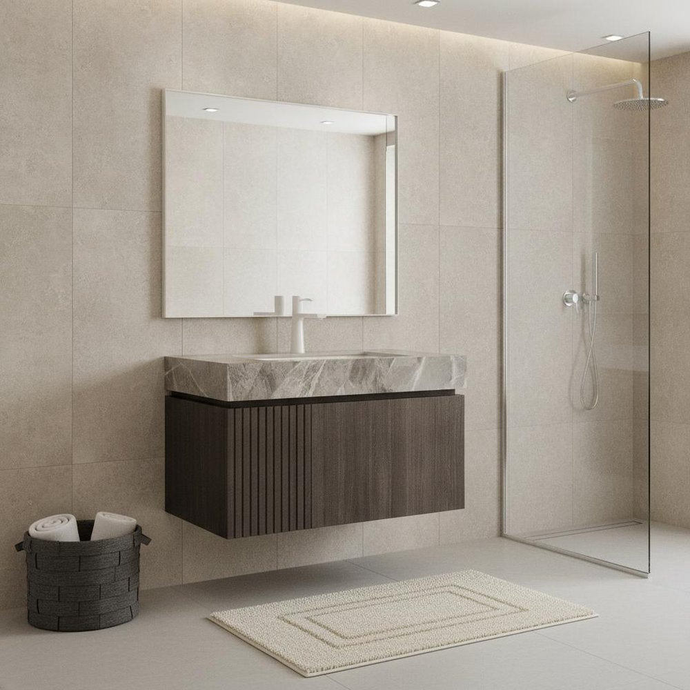30" Black Wood Floating Single Door Bathroom Vanity With White Ceramic Sink HomeRoots