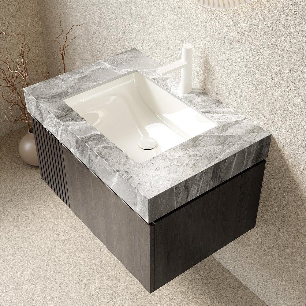 30" Black Wood Floating Single Door Bathroom Vanity With White Ceramic Sink — view 2