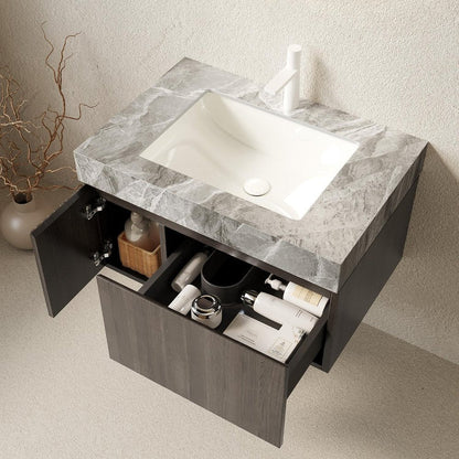 30" Black Wood Floating Single Door Bathroom Vanity With White Ceramic Sink HomeRoots