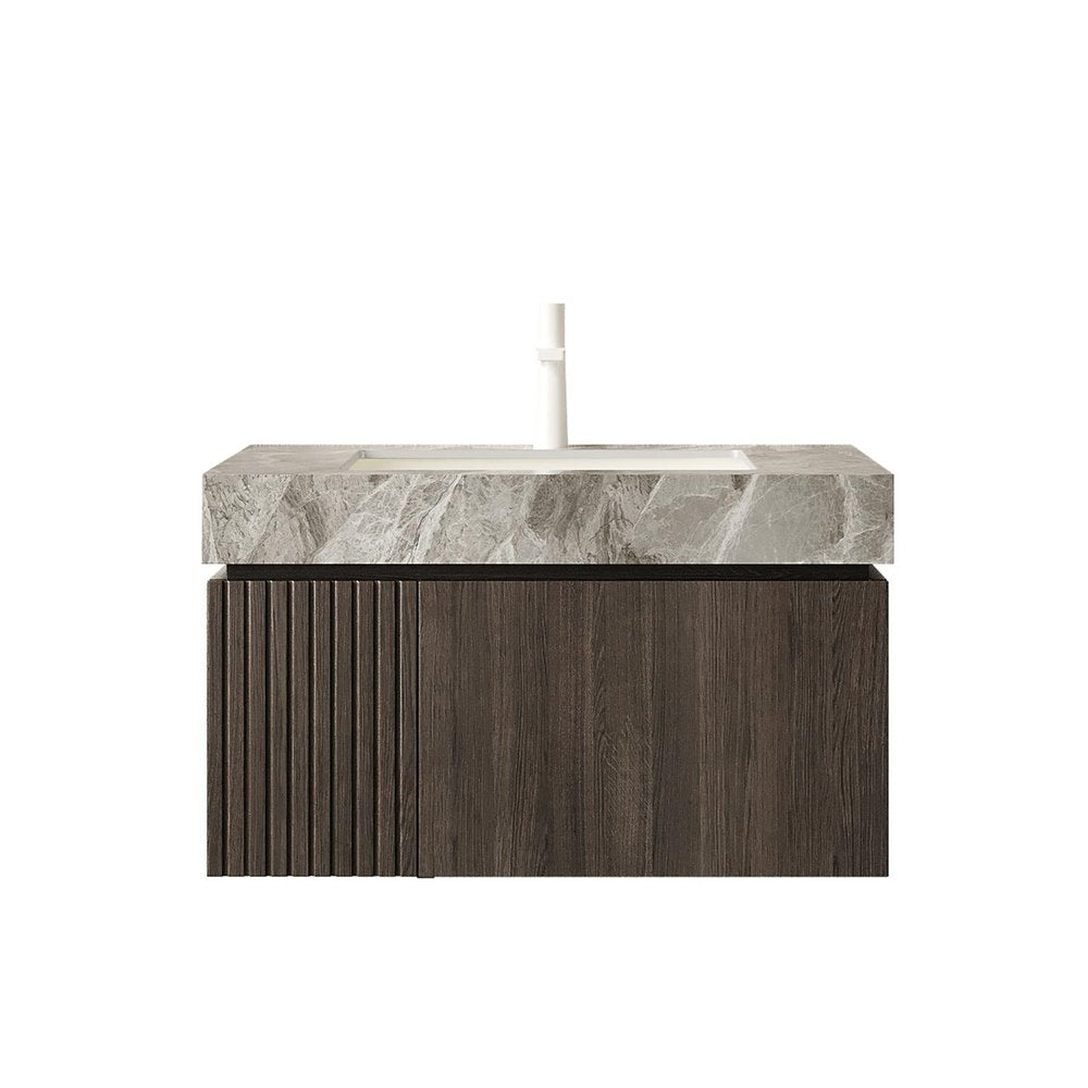 30" Black Wood Floating Single Door Bathroom Vanity With White Ceramic Sink — view 5