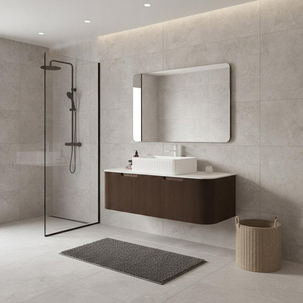 48" Brown Wood Floating Bathroom Vanity With White Ceramic Sink With Two Drawers