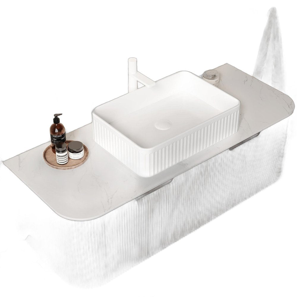 48" Brown Wood Floating Bathroom Vanity With White Ceramic Sink With Two Drawers