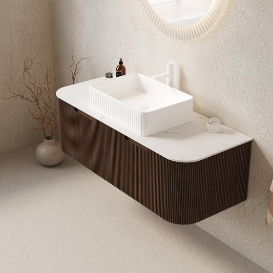 48" Brown Wood Floating Bathroom Vanity With White Ceramic Sink With Two Drawers