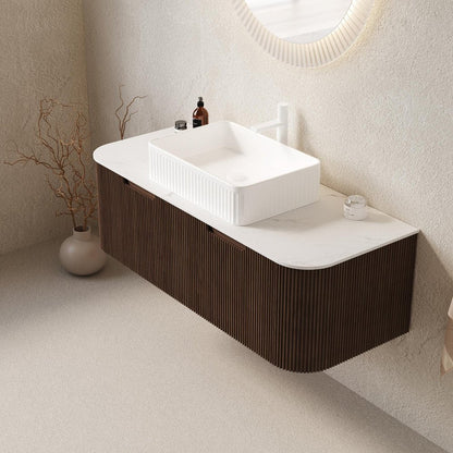 48" Brown Wood Floating Bathroom Vanity With White Ceramic Sink With Two Drawers HomeRoots