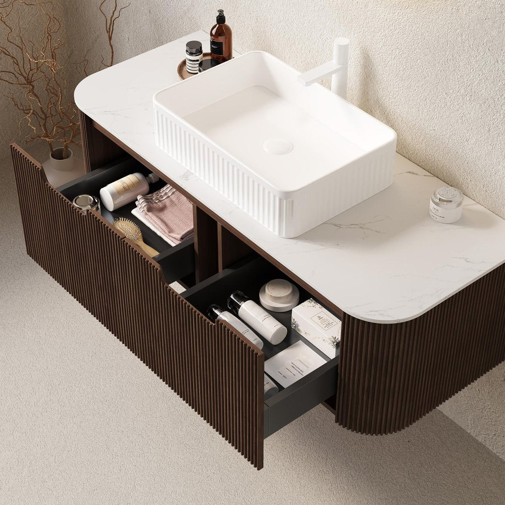 48" Brown Wood Floating Bathroom Vanity With White Ceramic Sink With Two Drawers — view 3