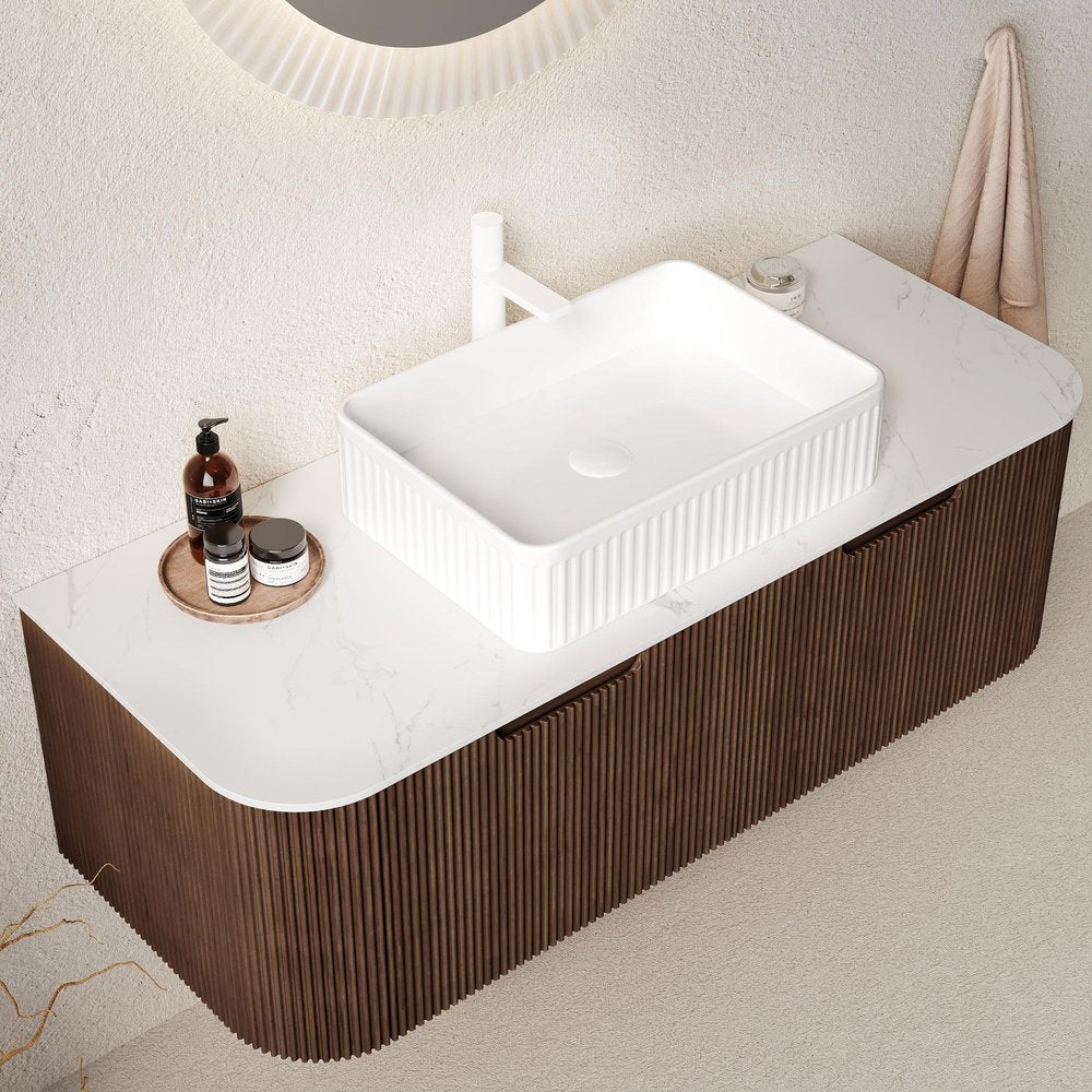 48" Brown Wood Floating Bathroom Vanity With White Ceramic Sink With Two Drawers