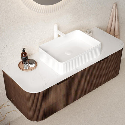 48" Brown Wood Floating Bathroom Vanity With White Ceramic Sink With Two Drawers