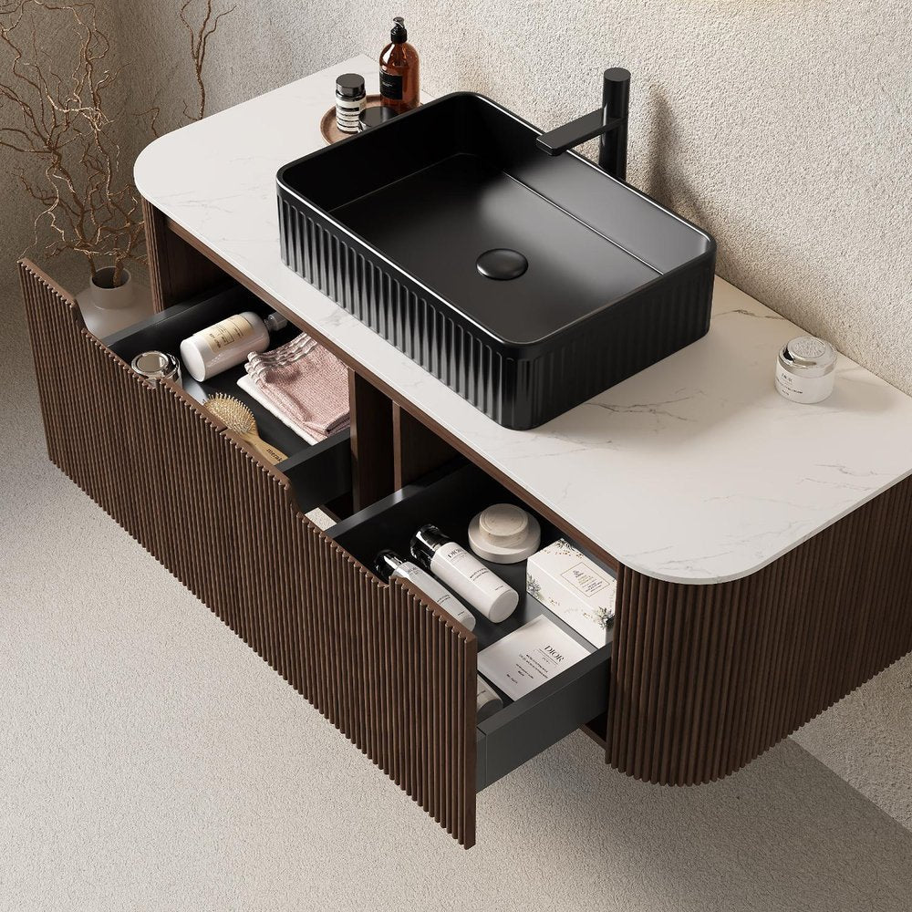 48" Brown Wood Floating Bathroom Vanity With Black Ceramic Sink With Two Drawers — view 1