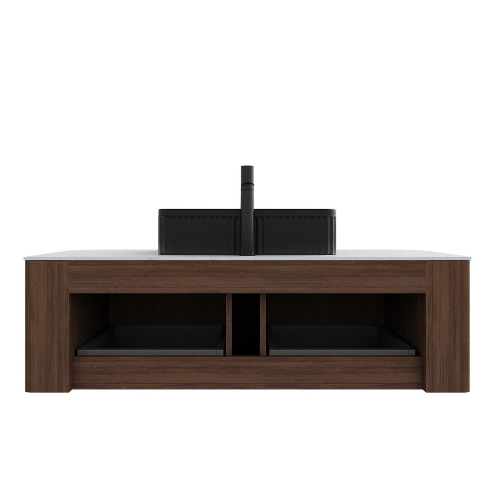 48" Brown Wood Floating Bathroom Vanity With Black Ceramic Sink With Two Drawers HomeRoots