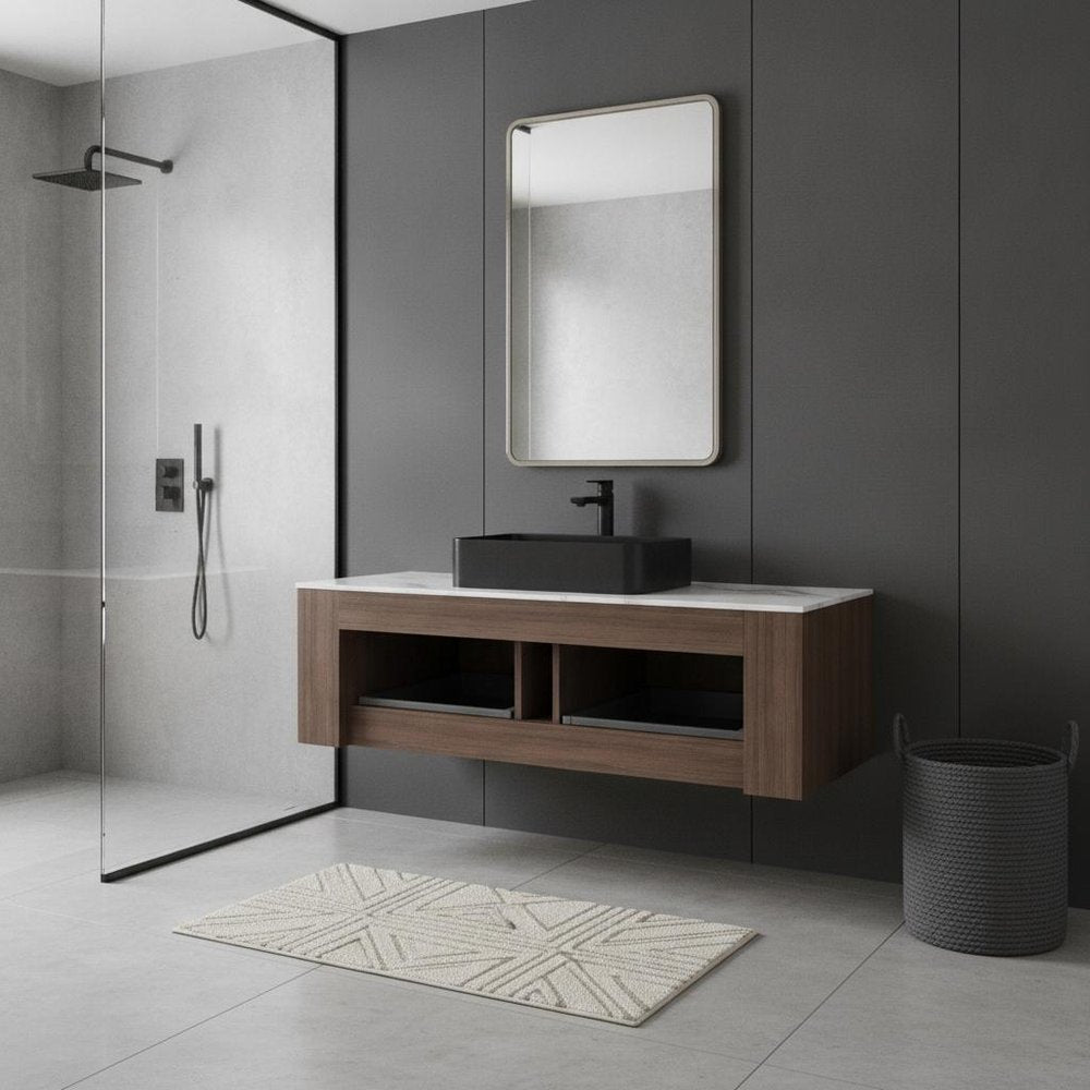 48" Brown Wood Floating Bathroom Vanity With Black Ceramic Sink With Two Drawers