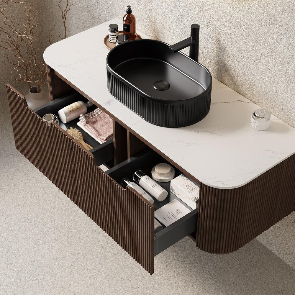 48" Brown Wood Floating Bathroom Vanity With Black Ceramic Sink With Two Drawers HomeRoots