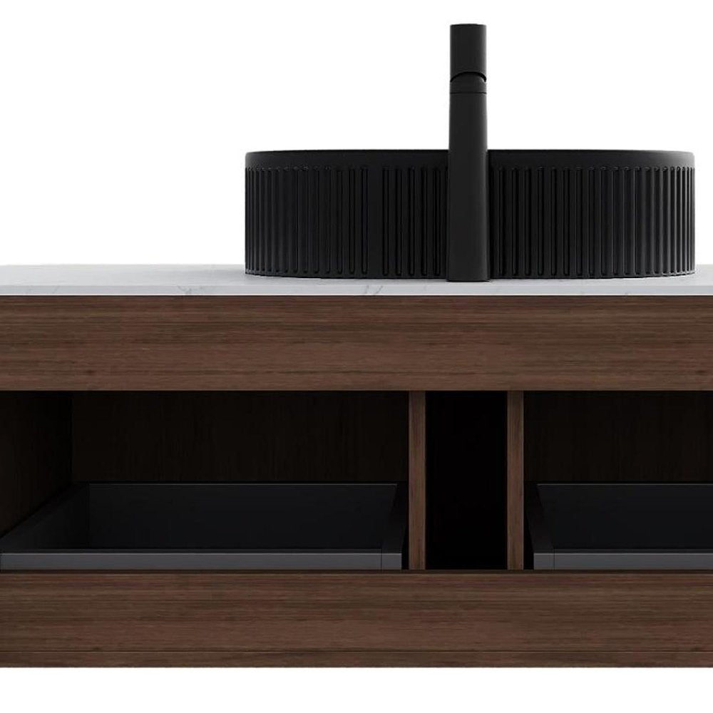 48" Brown Wood Floating Bathroom Vanity With Black Ceramic Sink With Two Drawers — view 2