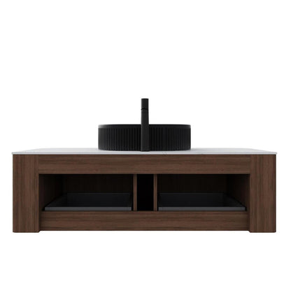 48" Brown Wood Floating Bathroom Vanity With Black Ceramic Sink With Two Drawers HomeRoots