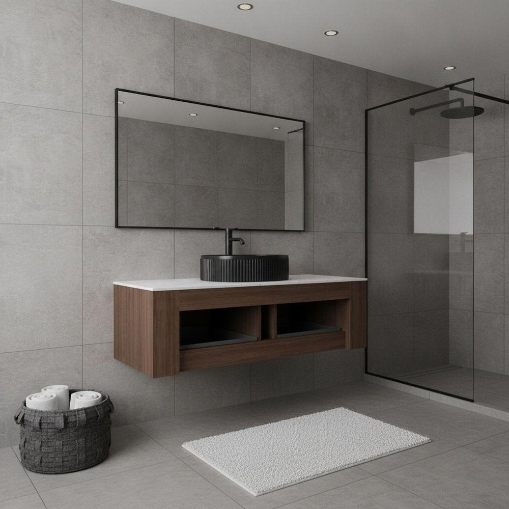 48" Brown Wood Floating Bathroom Vanity With Black Ceramic Sink With Two Drawers — view 4