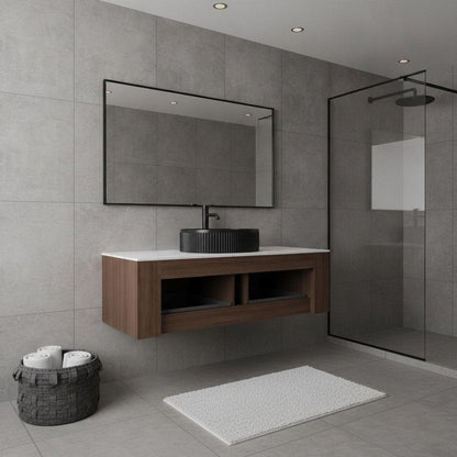 48" Brown Wood Floating Bathroom Vanity With Black Ceramic Sink With Two Drawers HomeRoots