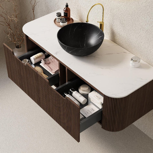48" Brown Wood Floating Bathroom Vanity With Black Ceramic Sink With Two Drawers