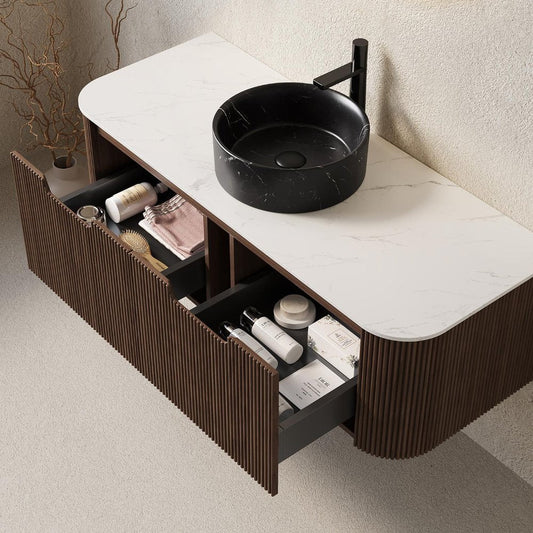 48" Brown Wood Floating Bathroom Vanity With Black Ceramic Sink With Two Drawers