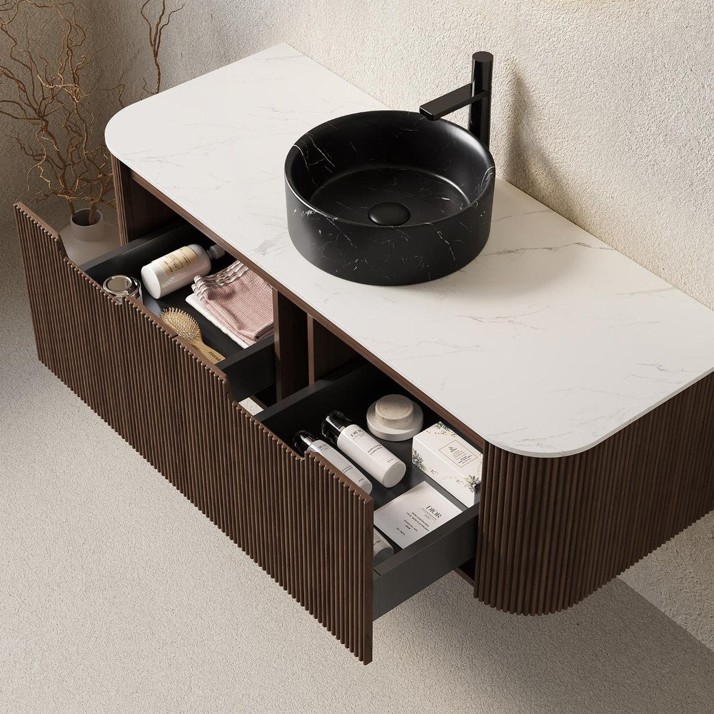 48" Brown Wood Floating Bathroom Vanity With Black Ceramic Sink With Two Drawers — view 1