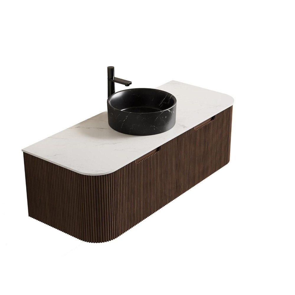 48" Brown Wood Floating Bathroom Vanity With Black Ceramic Sink With Two Drawers — view 2