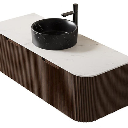 48" Brown Wood Floating Bathroom Vanity With Black Ceramic Sink With Two Drawers
