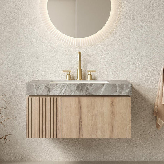 36" Brown Wood Floating Single Door Bathroom Vanity With White Ceramic Sink