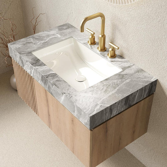 36" Brown Wood Floating Single Door Bathroom Vanity With White Ceramic Sink