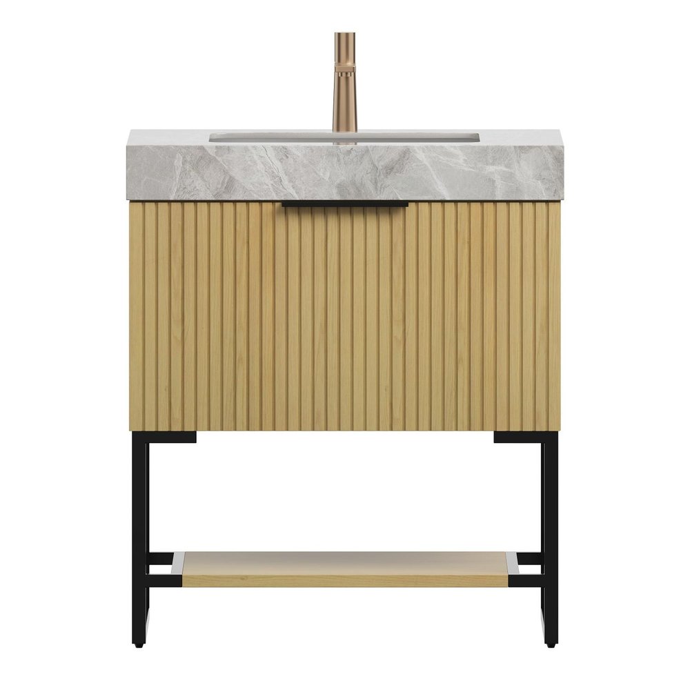 30" Brown Wood Bathroom Vanity With White Ceramic Sink HomeRoots