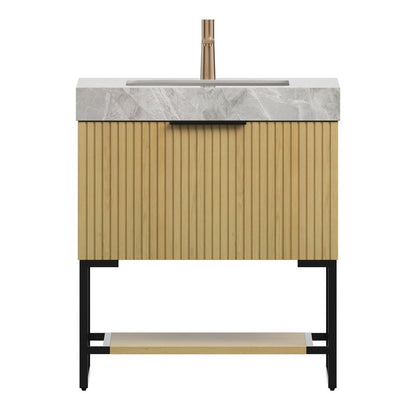 30" Brown Wood Bathroom Vanity With White Ceramic Sink HomeRoots