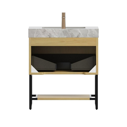 30" Brown Wood Bathroom Vanity With White Ceramic Sink