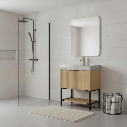 30" Brown Wood Bathroom Vanity With White Ceramic Sink HomeRoots