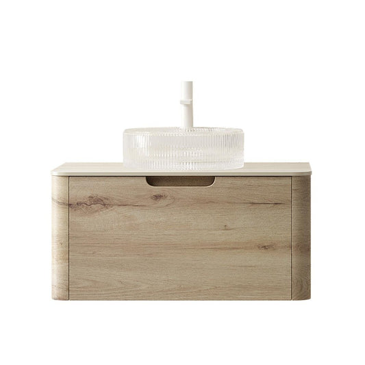 30" Brown Wood Floating Bathroom Vanity With White Glass Sink