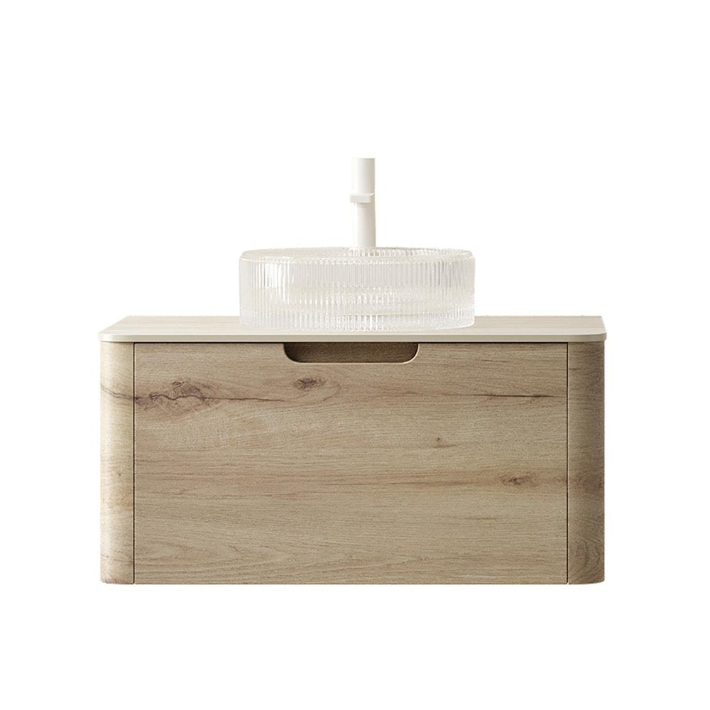 30" Brown Wood Floating Bathroom Vanity With White Glass Sink HomeRoots