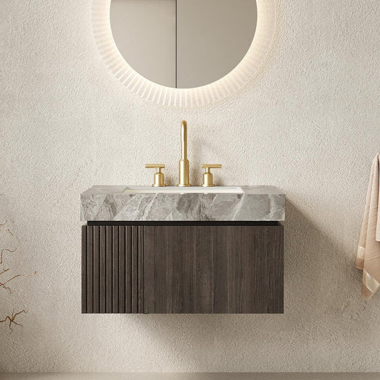 30" Black Wood Floating Single Door Bathroom Vanity With White Ceramic Sink