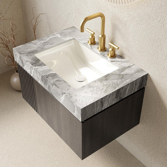 30" Black Wood Floating Single Door Bathroom Vanity With White Ceramic Sink