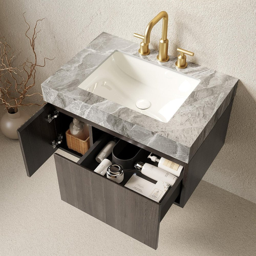 30" Black Wood Floating Single Door Bathroom Vanity With White Ceramic Sink