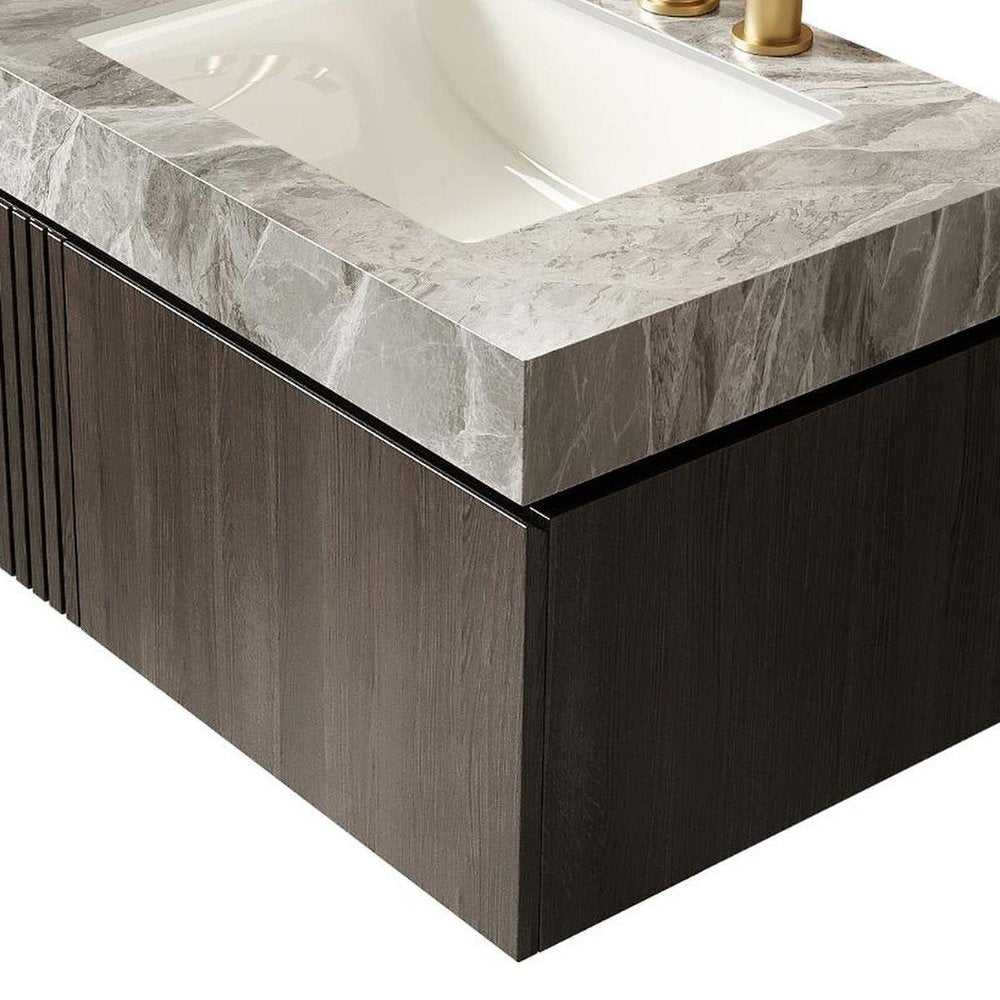 30" Black Wood Floating Single Door Bathroom Vanity With White Ceramic Sink