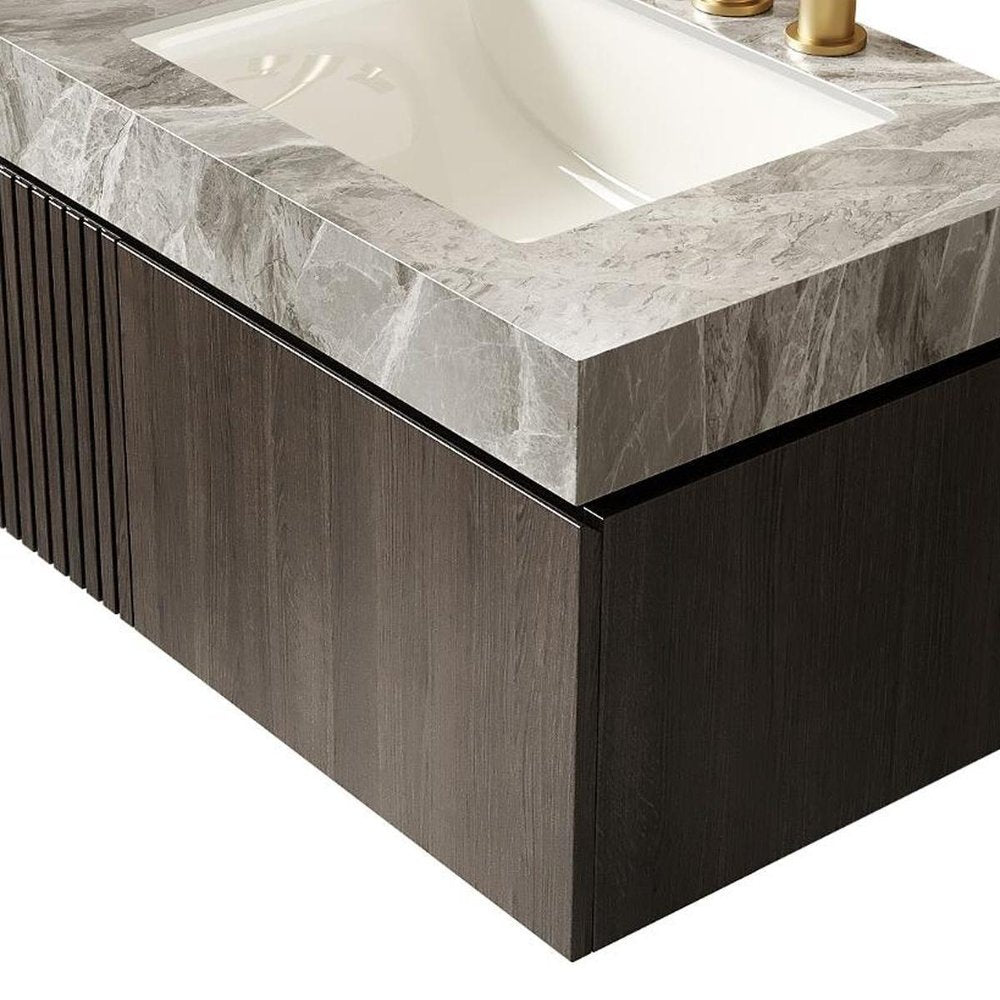 30" Black Wood Floating Single Door Bathroom Vanity With White Ceramic Sink — view 6
