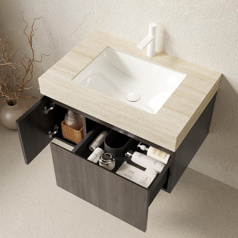 30" Black Wood Floating Bathroom Vanity With White Ceramic Sink HomeRoots