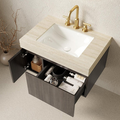30" Black Wood Floating Single Door Bathroom Vanity With White Ceramic Sink HomeRoots