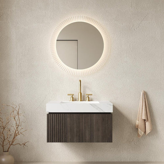 30" Black Wood Floating Single Door Bathroom Vanity With White Ceramic Sink
