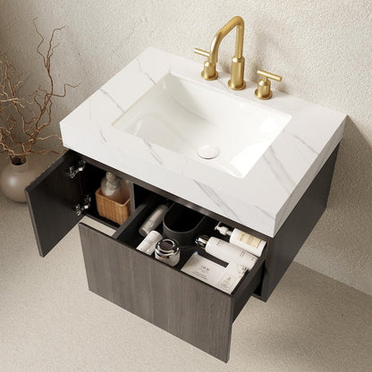30" Black Wood Floating Single Door Bathroom Vanity With White Ceramic Sink HomeRoots