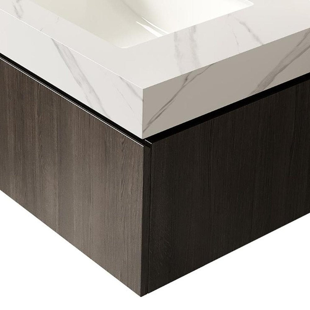 30" Black Wood Floating Single Door Bathroom Vanity With White Ceramic Sink — view 3