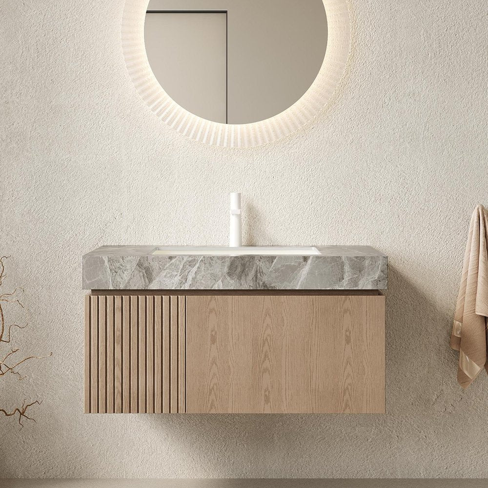 36" Brown Wood Floating Single Door Bathroom Vanity With White Ceramic Sink — view 1