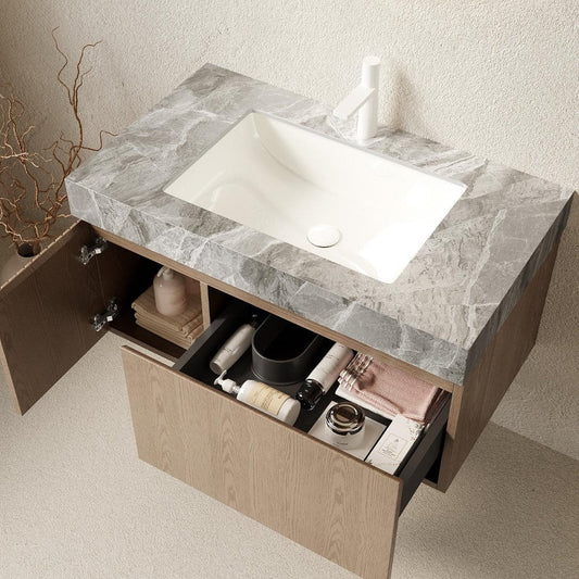 36" Brown Wood Floating Single Door Bathroom Vanity With White Ceramic Sink