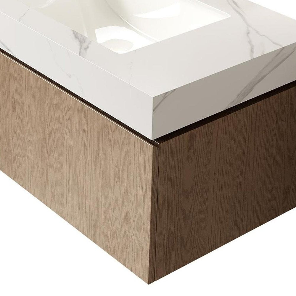 36" Brown Wood Floating Single Door Bathroom Vanity With White Ceramic Sink HomeRoots