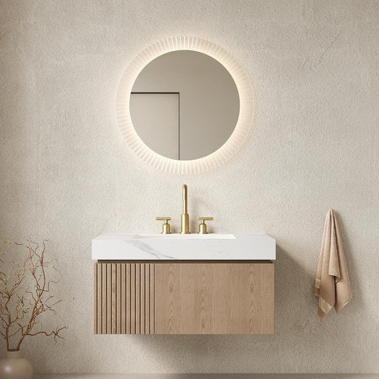 36" Brown Wood Floating Single Door Bathroom Vanity With White Ceramic Sink
