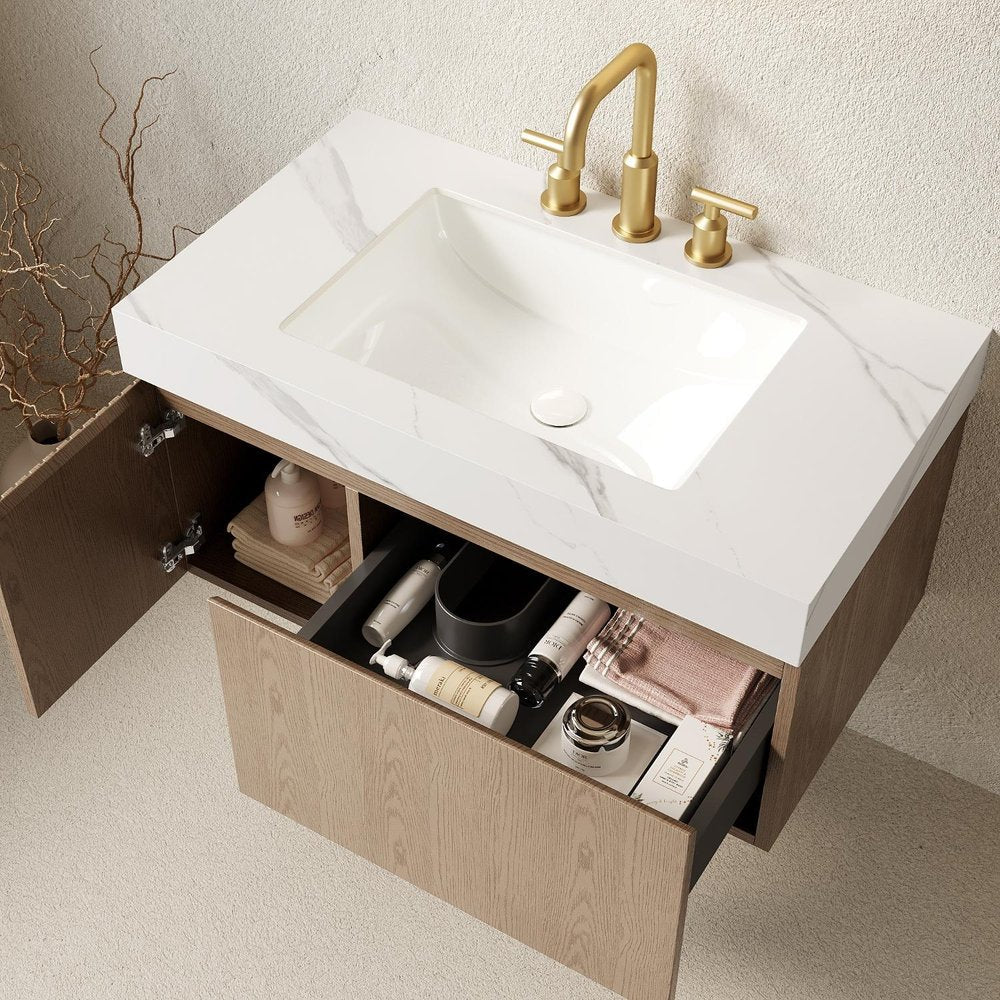 36" Brown Wood Floating Single Door Bathroom Vanity With White Ceramic Sink HomeRoots